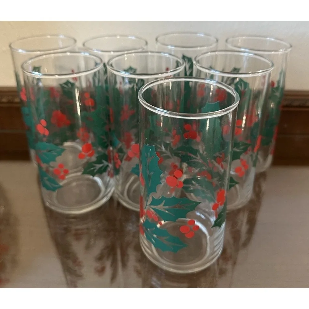 Vintage‎ Indiana Glass Holly Berries Christmas Tumblers Holiday 16 oz Set of 8